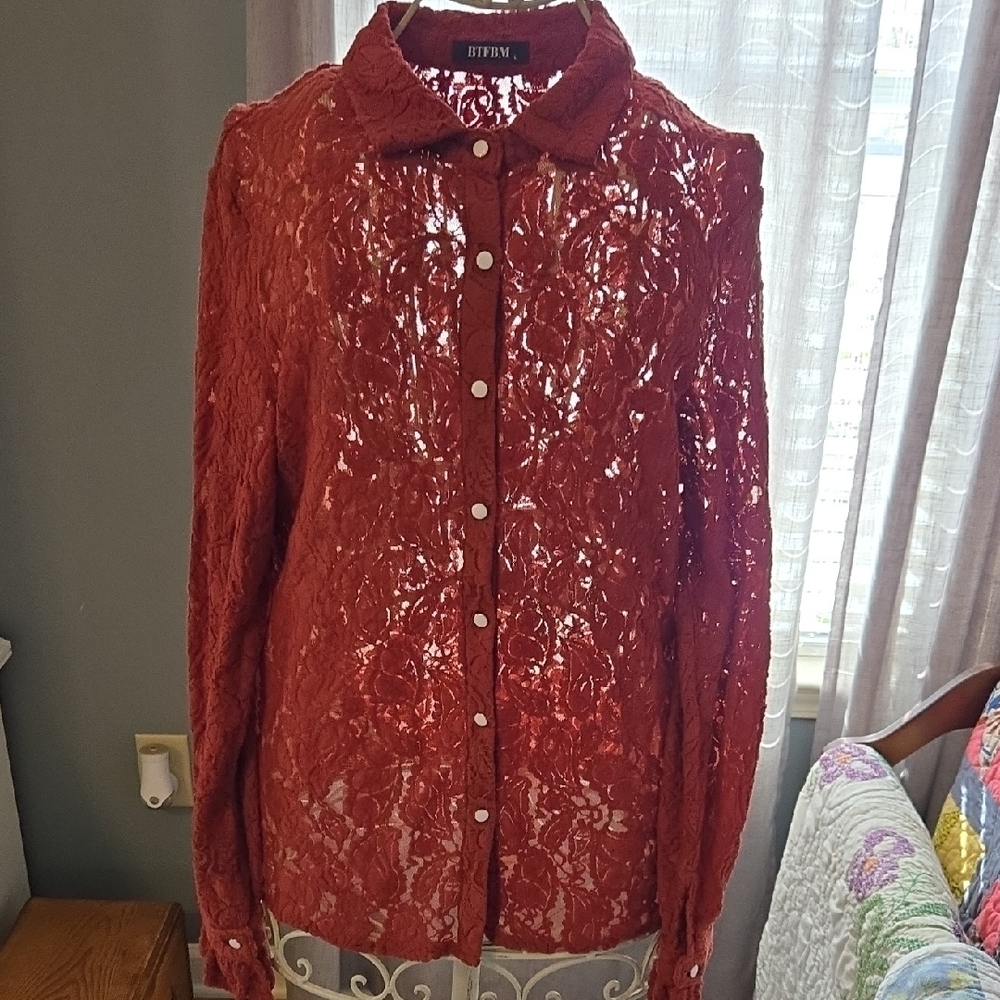 Ettika Red Lace Button-Up Blouse